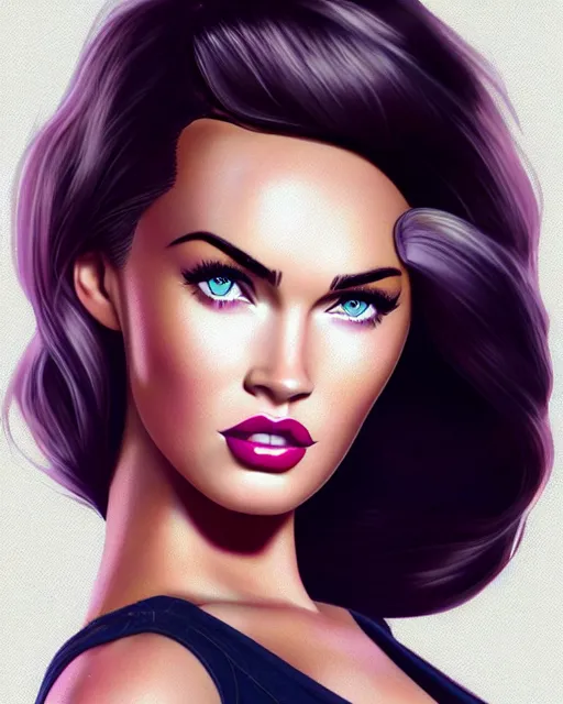 Prompt: beautiful megan fox as barbie varga girl, windblown dark hair, retro fashion model, seductive, 1 9 4 0, glamour pose, photo studio, dark background, artgerm, illustration, noir, hyper detailed, artstation, concept art, smooth, sharp focus, ray tracing, vibrant, arney freytag