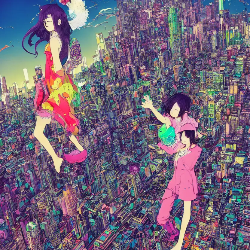 Image similar to a very detailed art of a goddess above a city by inio asano, beeple and james jean, hiroyuki takahashi color scheme, digital art, 4 k, trending on artstation