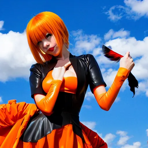 Image similar to Anime big bust beautiful Claud Monet proportions girl in orange latex dress and orange latex gloves holding wonderful grotesque raven feather in her hand