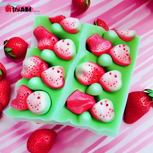 Prompt: strawberry shaped soap kawaii photo - realistic bubbly cute