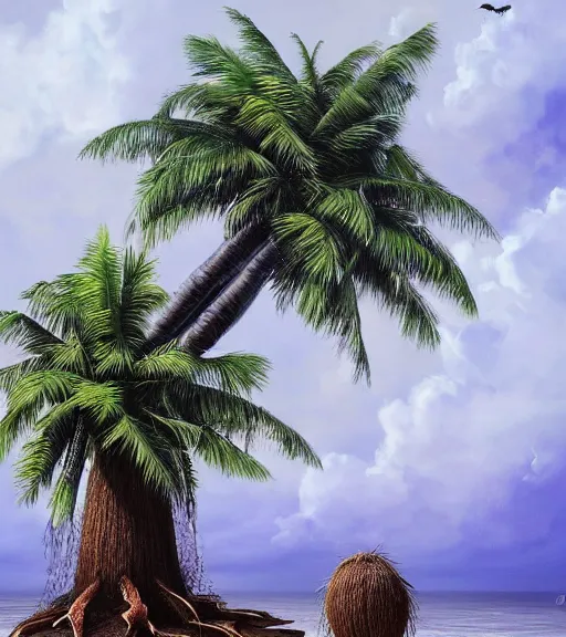 Image similar to coconut tree exposed to radiation and became monster coconut tree. realism art, high detailed, fine art, trending on artstation, smooth draw, perfect lightning, sharp focus.