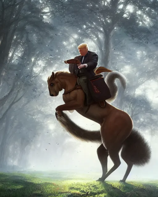 Prompt: oil painting of Donald Trump riding on Squirrel, wearing green cloak, sharp focus, fantasy style, octane render, volumetric lighting, 8k high definition, by greg rutkowski, highly detailed, trending on art Station, magic the gathering artwork, magical forest backround, centered