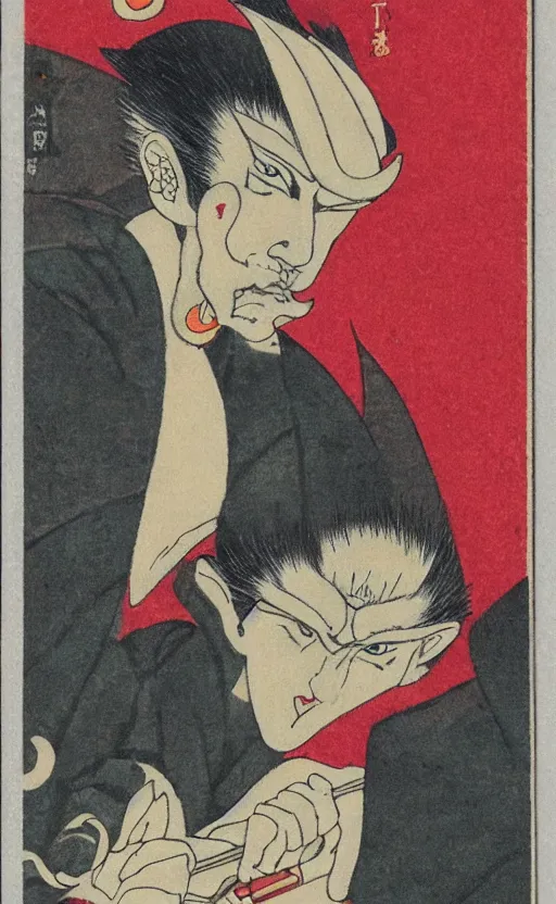 Image similar to by akio watanabe, manga art, portrait of tengu, flames, trading card front