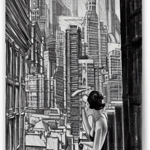 Prompt: woman, city, looking down, street top view, by rossdraws, enoch bolles