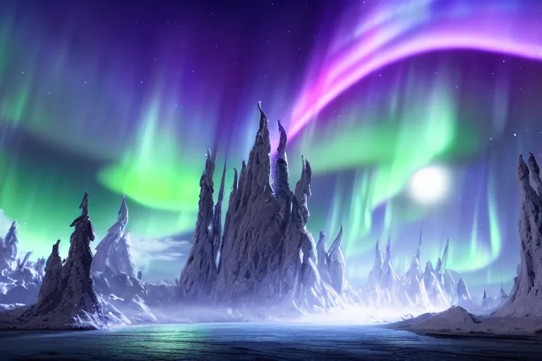 Image similar to a very detailed concept art of fantasy gates to aurora borealis, trending on artstation, digital art, 4 k, hyper realistic, octane render, sharp focus