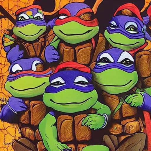 Prompt: ninja turtles eating mushrooms and having a trip