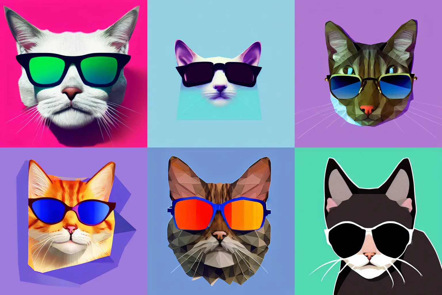 Prompt: low poly digital art of a cat wearing sunglasses, low polygon, geometric, simplistic, flat colors