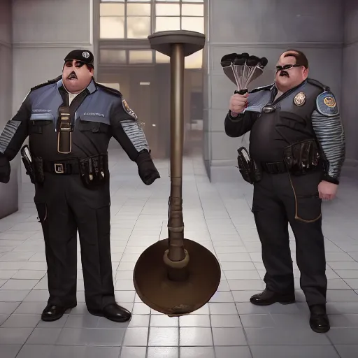 Prompt: paul blart as mall cop holding a plunger, ultra realistic, concept art, intricate details, highly detailed, photorealistic, octane render, 8 k, unreal engine, art by frank frazetta, simon bisley, brom