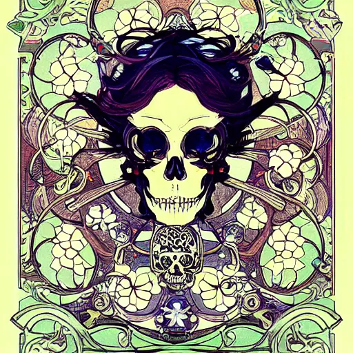 Image similar to anime manga skull portrait pretty face skeleton illustration style by Alphonse Mucha and James Jean pop art nouveau