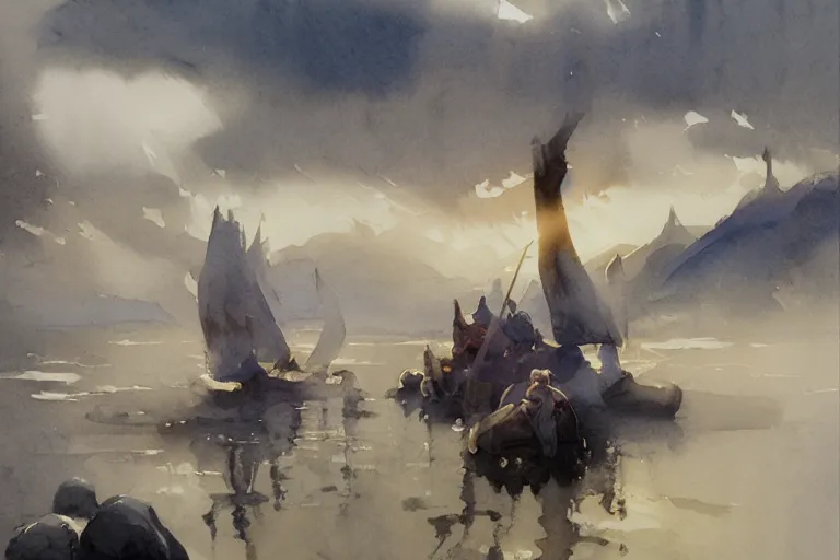 Image similar to small centered on watercolor paper, paint brush strokes, abstract watercolor painting of ancient kingdom, foreign nature, viking mythology, cinematic light, american romanticism by hans dahl, by jesper ejsing, by anders zorn, by greg rutkowski, by greg manchess, by tyler edlin