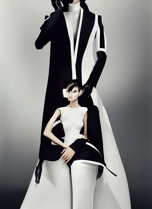 Prompt: a portrait by nick knight and gege akutami of a beautiful girl detailed features wearing a pilot suit wedding dress synthetic materials, jumpsuits chic'techno fashion trend by balenciaga