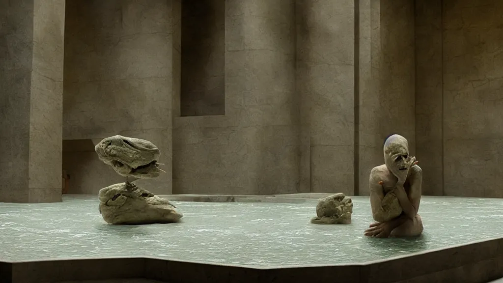 Image similar to the strange creature in court, made of stone and water, film still from the movie directed by Denis Villeneuve with art direction by Salvador Dalí,