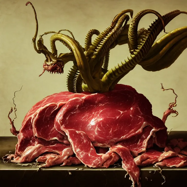 Image similar to still life of rotten meat flesh, white xenomorph, beautiful pastel tropical flowers, metallic human spine, colorful mold, baroque painting, beautiful detailed intricate insanely detailed octane render, 8K artistic photography, photorealistic, chiaroscuro, Raphael, Caravaggio