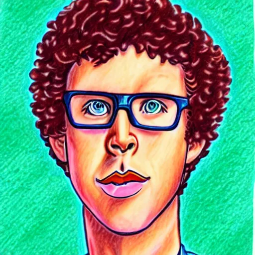 Prompt: colored pencil drawing of napoleon dynamite by lisa frank