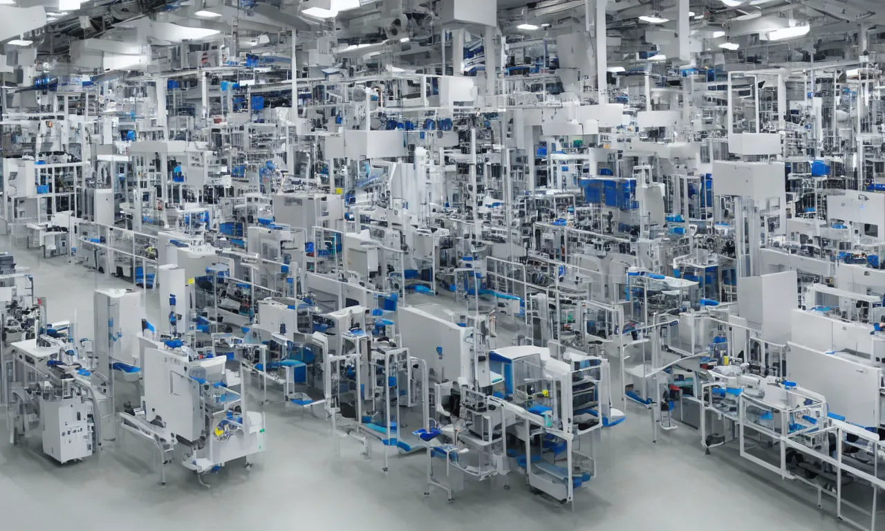 Prompt: automated pharmaceutical production line with robotic arms, technology, big, bright, sterile environment, clean