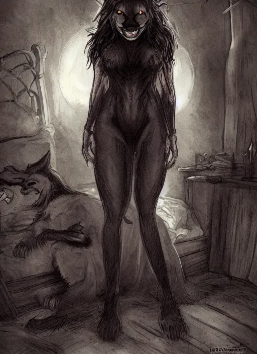 Image similar to werewolf girl in a dark bedroom, anthro, fierce, creepy