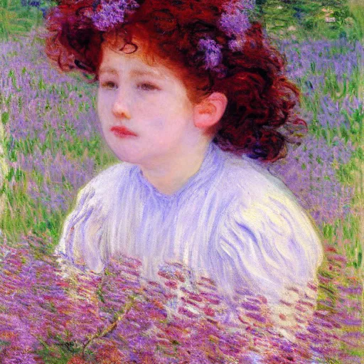 Image similar to portrait of cute girl with short curly red hair sitting in a field of lilac flowers, Monet painting