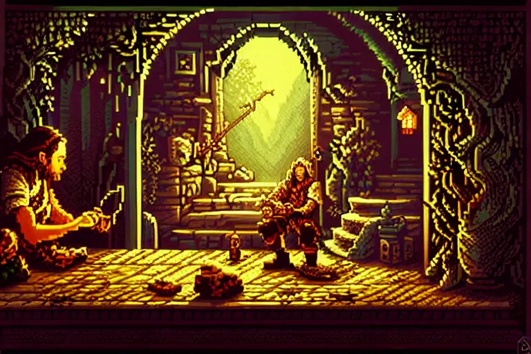 Image similar to the bard's tale, beautiful detailed pixelart by albertov, intricate details, beautiful, dithered gradients, volumetric lighting, cgsociety, artstation, smooth, sharp focus, 2 d illustration, amazing art by dan mumford, old school computer game graphics, pixel art