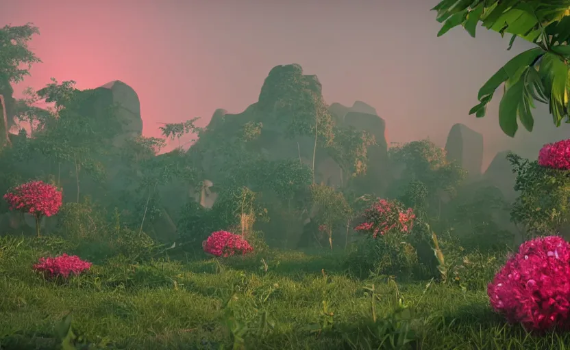 Image similar to a crystal tetrahedron!!! in the middle of ancient ruins in a lush prehistoric jungle, inside a humongous cave, red and magenta flowers, sunset, godrays, orange and blue sky, haze, volumetric lighting, a high - quality render, photorealistic, unreal engine 5