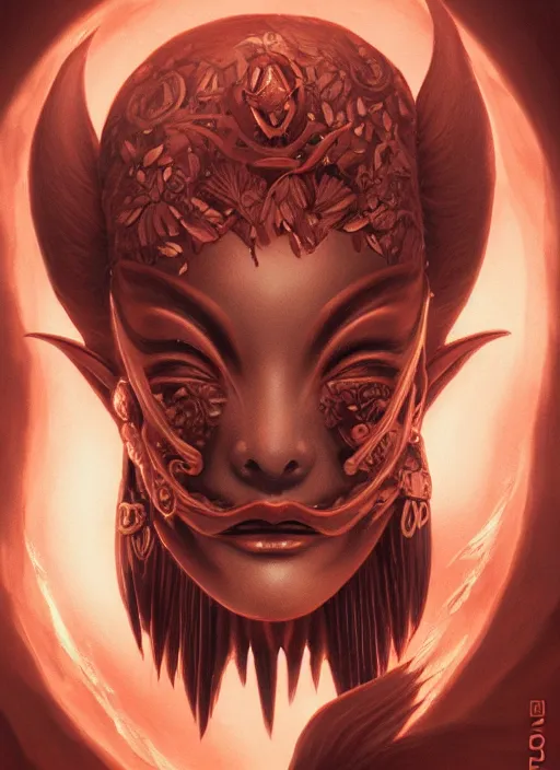 Image similar to a beautiful detailed oil on copper art illustration of a japanese kokushikijo mask devil woman, centered, by charlie bowater, zeng fanzh, trending on artstation, dim dusk lighting, cinematic lighting, detailed lighting, volumetric lighting, realistic, f 8, 4 k hd wallpaper