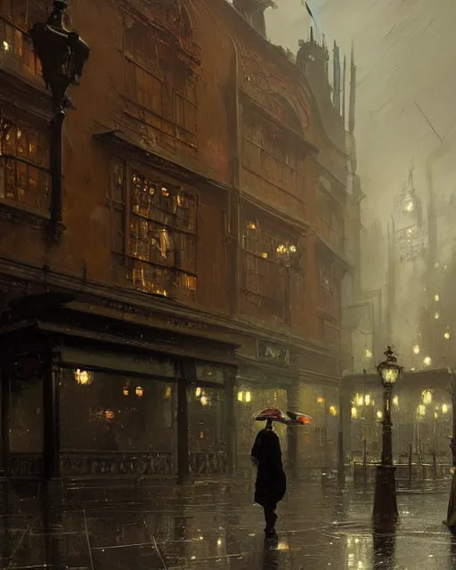 Prompt: a highly detailed epic cinematic concept art CG render digital painting artwork: Victorian London, raining. By Greg Rutkowski, in the style of Francis Bacon and Syd Mead and Norman Rockwell and Beksinski, open ceiling, highly detailed, painted by Francis Bacon and Edward Hopper, painted by James Gilleard, surrealism, airbrush, Ilya Kuvshinov, WLOP, Stanley Artgerm, very coherent, triadic color scheme, art by Takato Yamamoto and James Jean