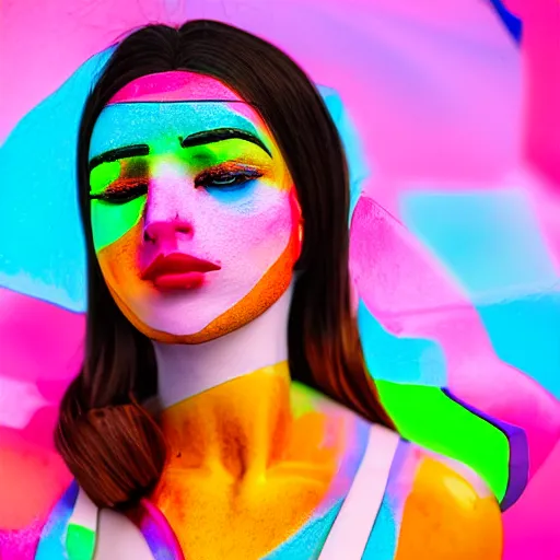 Prompt: a beautiful female made out of plastic, full body, colourful background, 5 0 mm lens, f 1. 4, sharp focus, ethereal, emotionally evoking, head in focus, volumetric lighting, 8 k