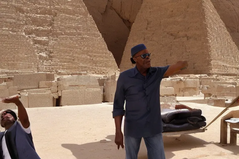 Prompt: samuel l jackson explores the inside of a pyramid in egypt