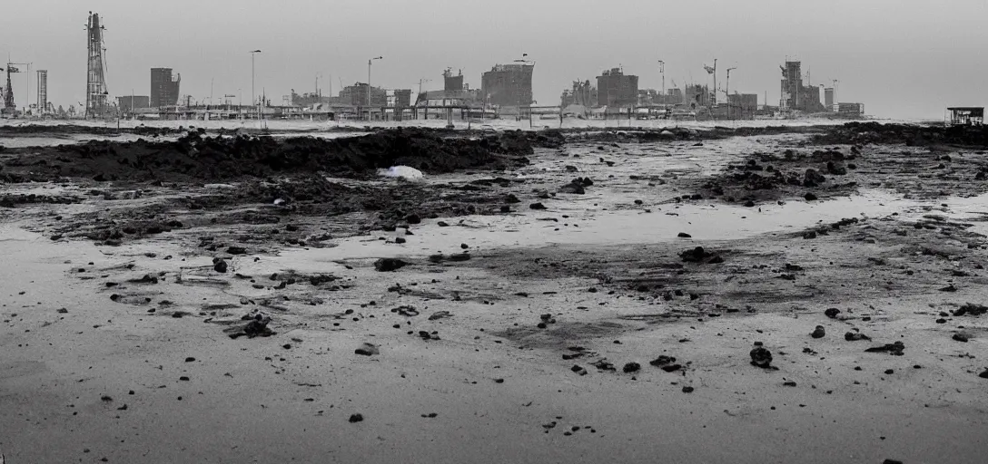 Image similar to apocaliptic Portrait of a offshore oil dripping in the city of Mar del Plata , by stephen Shore and Arthur Adams , epic composition, 80mm, 8k