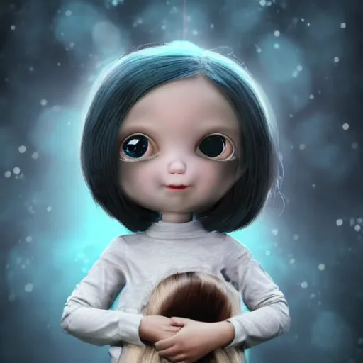 Image similar to a little alien girl with big sad black eyes and long hair holds a doll in her hands, sci - fi, 3 d, mysterious atmosphere, photorealistic, ultradetails