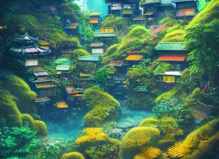 Prompt: lush foliage japanese favela, underwater environment, borealis, scenery, professional, award - winning, trending on artstation, hyper detailed, realistic, beautiful, emotional, shiny, golden, picture
