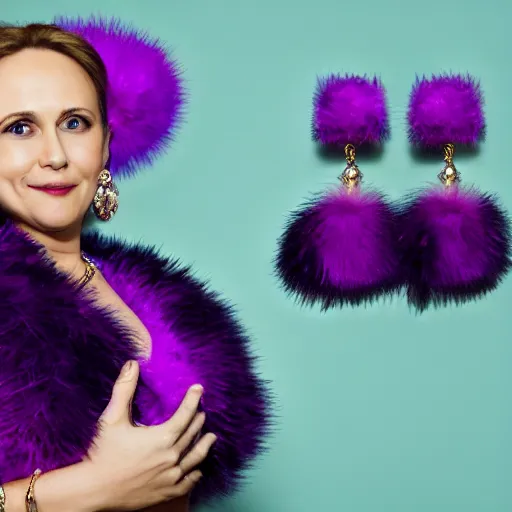 Image similar to vladimir putin, studio portrait, feather boa, earrings, joyful, eyeshadow, soft lighting, realistic