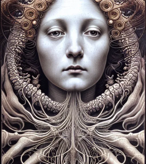Prompt: detailed realistic beautiful celestial goddess face portrait by jean delville, gustave dore, iris van herpen and marco mazzoni, art forms of nature by ernst haeckel, art nouveau, symbolist, visionary, gothic, neo - gothic, pre - raphaelite, fractal lace, intricate alien botanicals, ai biodiversity, surreality, hyperdetailed ultrasharp octane render