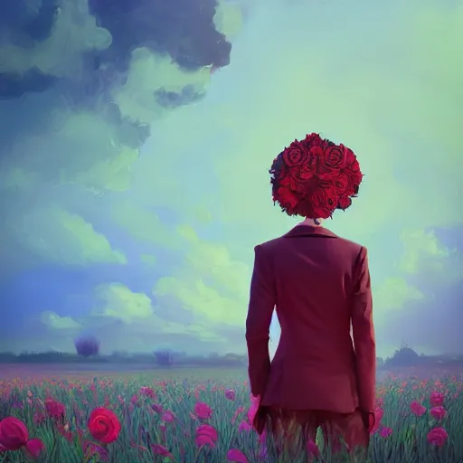 Image similar to portrait, giant rose flower head, girl in a suit, surreal photography, sunrise, blue sky, dramatic light, impressionist painting, digital painting, artstation, simon stalenhag