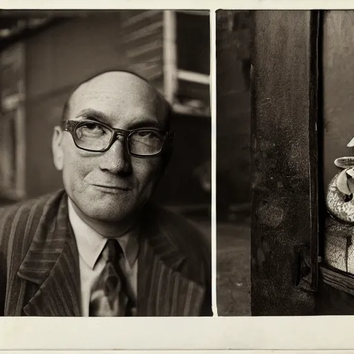 Image similar to closeup portrait of a snake oil salesman in a smoky new york back street, photograph, magazine, press, photo