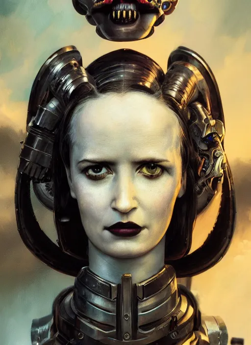 Image similar to hyper realistic photography portrait of heroic warhammer machine robotic android girl, eva green, wednesday addams, cinematic, chaos marine, artstation, cgsociety, full head and shoulders, greg rutkowski, james gurney, mignola, craig mullins, brom redshift, vray, octane render