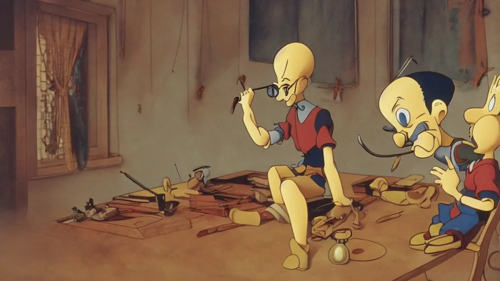 Prompt: geppetto making pinocchio, anime film still from the an anime directed by katsuhiro otomo with art direction by salvador dali, wide lens