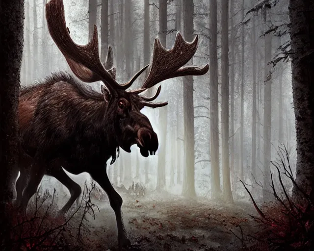 Prompt: 5 5 mm portrait photo of an armored demonic undead rotting moose with red eyes antlers and looking at the camera, in a magical forest. magical atmosphere. art by greg rutkowski and luis royo. highly detailed 8 k. intricate. lifelike. soft light. nikon d 8 5 0.