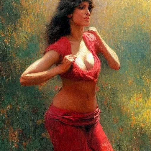 Prompt: a woman in a red top with a skinny body type, painting by Gaston Bussiere, Craig Mullins
