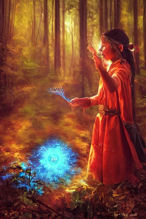 Prompt: aztec sorcerer casting a powerful spell in a dark forest, by lilia alvarado, lilia alvarado art, digital painting, digital art,