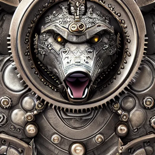 Image similar to A steampunk ornate wolf made of engraved full plate armor and gears, Macro shot by Justin Gerard, unreal engine, physically based rendering