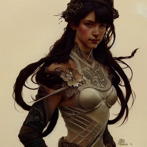 Image similar to , paper sketch of an female fighter, fantasy, intricate, elegant, highly detailed, painting, artstation, concept art, pen and paper sketch, smooth, sharp focus, illustration, art by artgerm and greg rutkowski and alphonse mucha