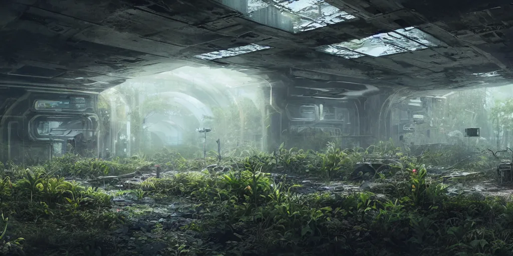 Image similar to an abandoned liminal space station, grown hazy overtime and overgrown with fungus, unreal render, 4k, octane, concept art, trending on artstation,