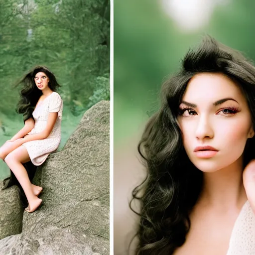 Image similar to professional outdoor portrait of a very beautiful young woman with gorgeous eyes, high cheek bones, flowing hair, medium format, 8 5 mm f 0. 9, fuji 4 0 0 h