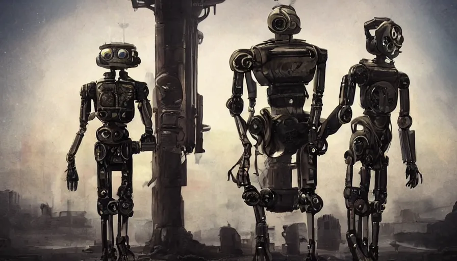 Image similar to Dieselpunk Illustration of two humanoid robots holding hands looking at each other, the remains of human civilisation in the background by Galan Pang, James Paick, Komatsuzaki retro-futurism, sci fi, dystopian, trending on artstation, masterpiece, concept art, octane render