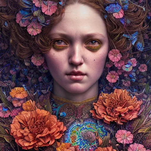 Image similar to hyper detailed masterpiece, floral pattern, jean giraud, digital art painting, lightwave punk aesthetic, psychedelic, artgerm, donato giancola, tom bagshaw