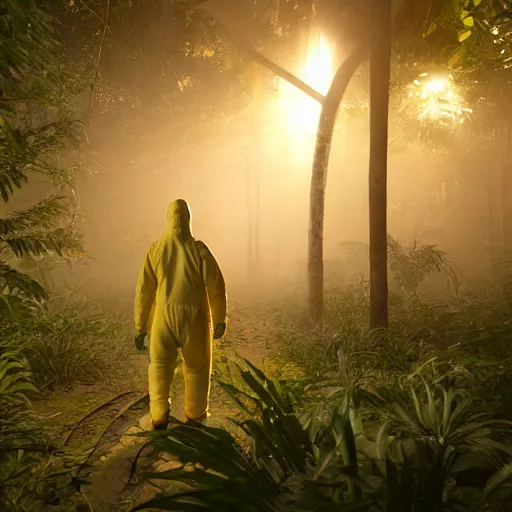 Image similar to a man wearing a hazmat suit, walking through a lush jungle, at night, red glow, unreal engine 5, ray traced, god rays, extremely high detail