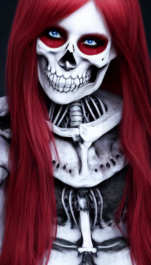 Image similar to skeleton black bones, covered with blood, jessica nigri face!!, highly detailed face, long red hair, beautiful blue eyes, black heavy eyeliner, ultra realistic, concept art, intricate details, photorealistic, octane render, 8 k, unreal engine. retro film still, heavy grain, 3 5 mm, art by artgerm and greg rutkowski and alphonse mucha