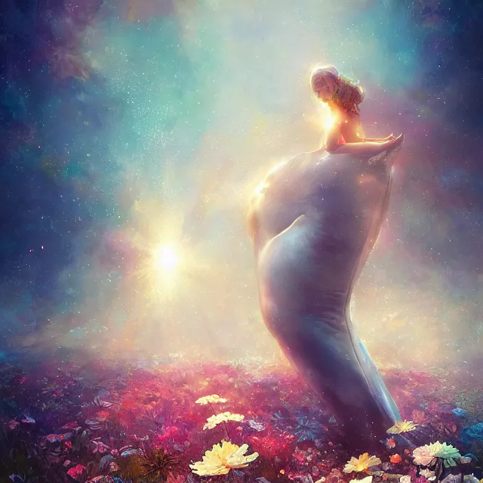 Prompt: glimmering whale, flowing dress, flowers, cosmos, milky way galaxy, golden hour, god rays, coral reef, dreamscape by artgerm and ruan jia and ismail inceoglu and greg olsen, masterpiece, minimalistic, beautiful, intricate, elegant, highly detailed