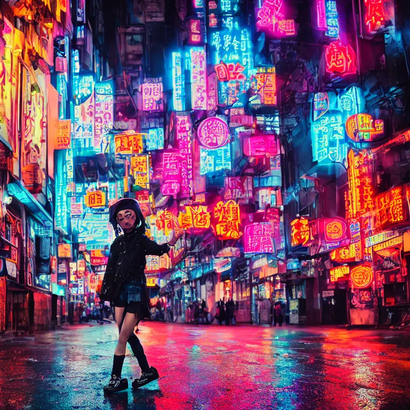 Image similar to photograph of punk girl skateboarding in the city, chinese neon signs, cyberpunk buildings, wet roads at night reflecting the lights from buildings, studio lighting, cloudy night sky, bright neon colors, 4 k, fisheye