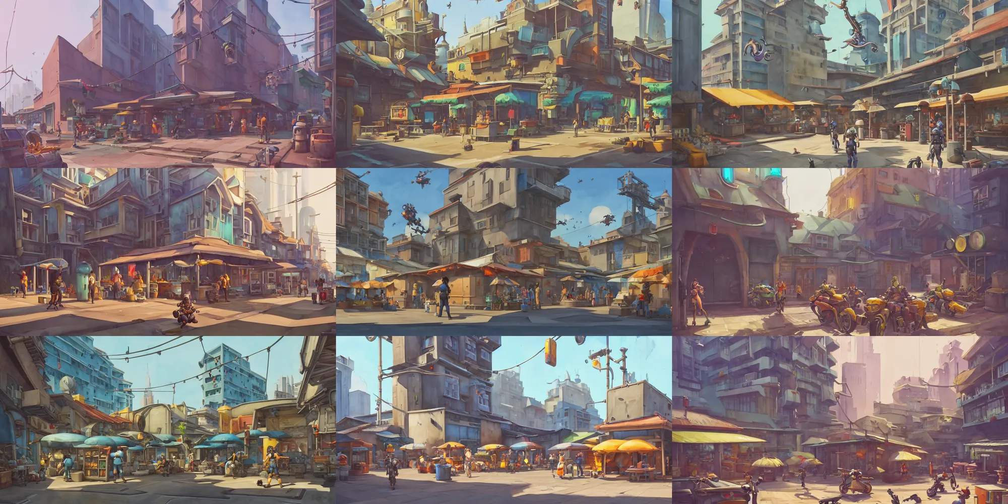 Prompt: overwatch building, baquiat, stylized, exterior, architecture, in watercolor gouache detailed paintings, insanely detail, artstation, 8 k, futuristic, big medium small, arcane, simon stalenhag, food stall, interesting shapes & form, golden ratio, hard surface, props, fish market, street, slums